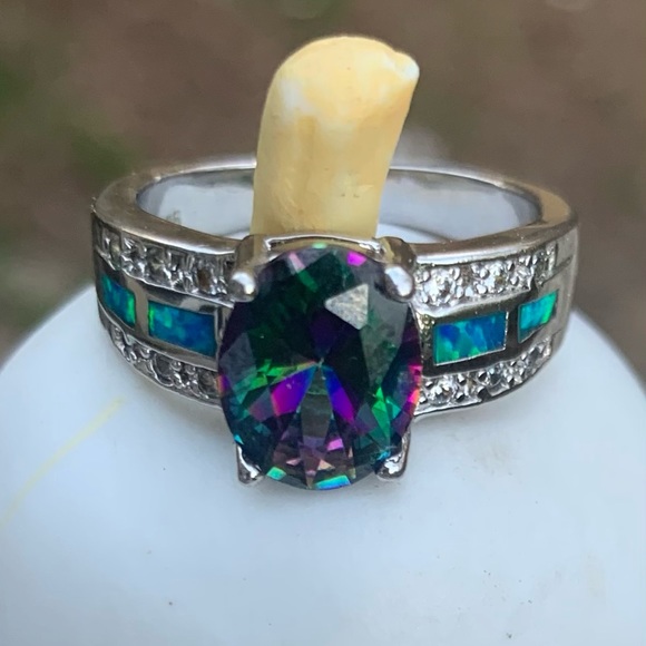 Vintage Inspired Mystic Topaz & Moissanite Rose gold Ring  Mystic topaz Vintage Ring. SS SZ 7 1/2